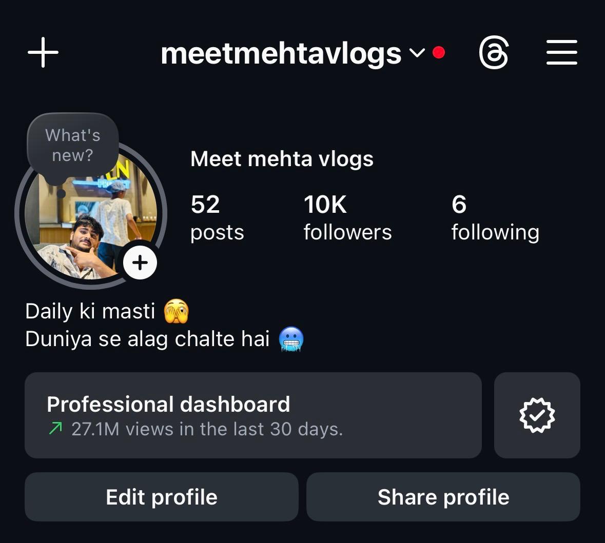 Instagram profile with 27.1M views